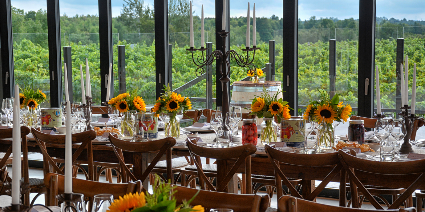 winery dinner with sunflowers on the tables