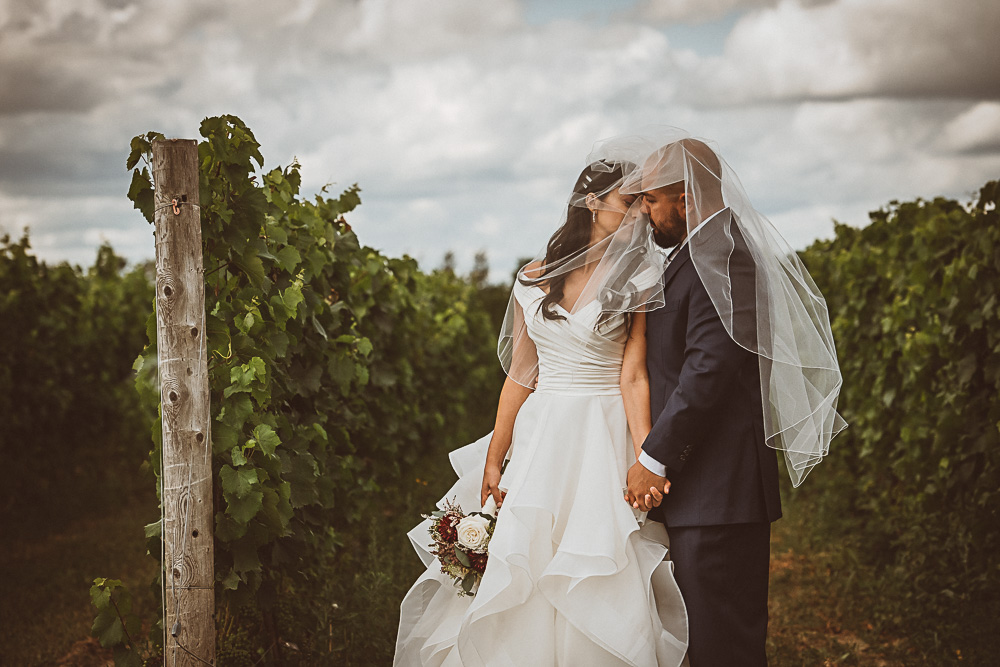 bride and groom among the vines