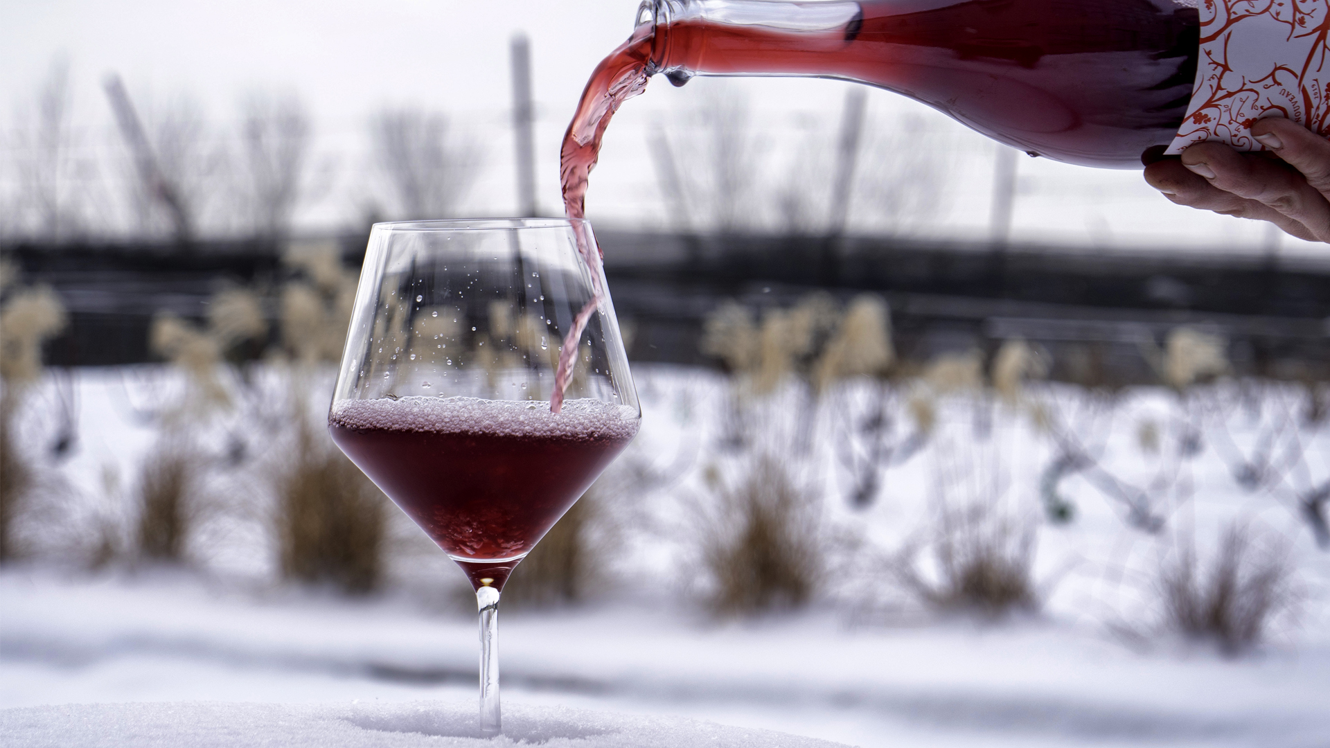 pouring red wine in a glass outside in the winter
